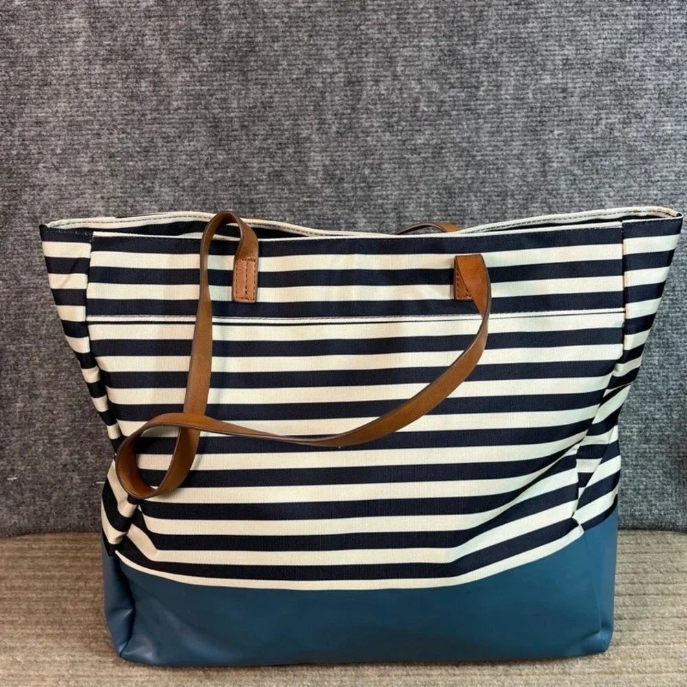 NWT Nautica Striped Canvas Tote Bag Navy White Teal Blue Large Beach Travel
